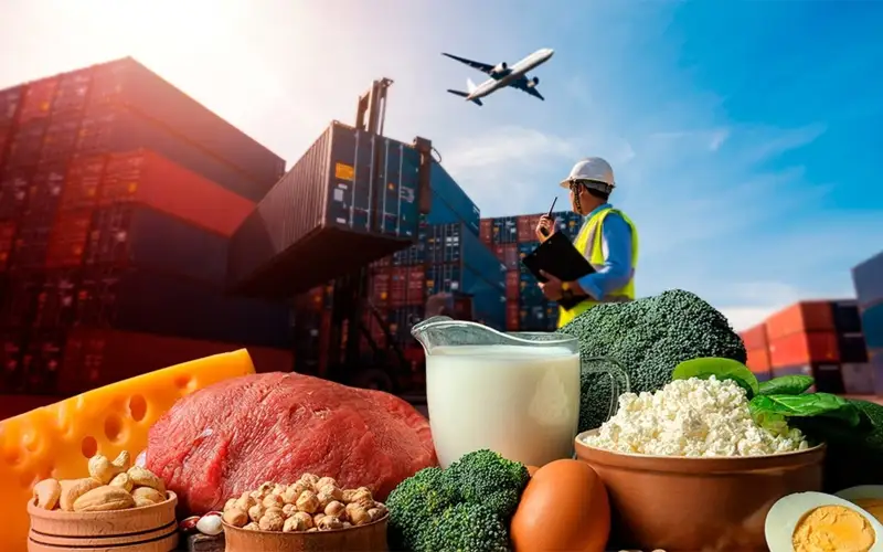 Agricultural products in the foreground with shipping containers, logistics operations, and air freight in the background