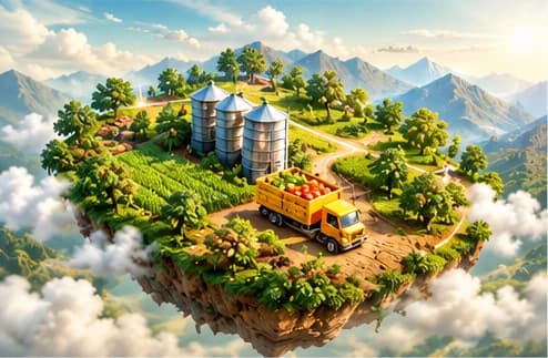 Illustration of farms, silos and routes from source to market